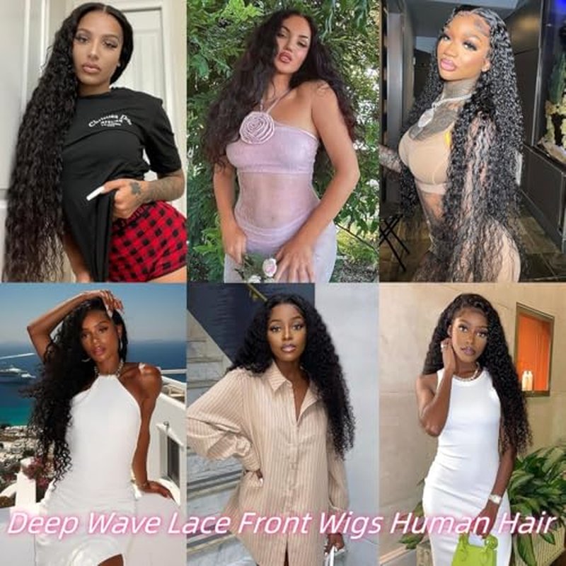 13x6 Deep Wave Lace Front Wigs Human Hair 220 Density HD Transparent Pre Plucked Deep Curly Frontal Wigs Human Hair for Women Natural Black 34 Inch