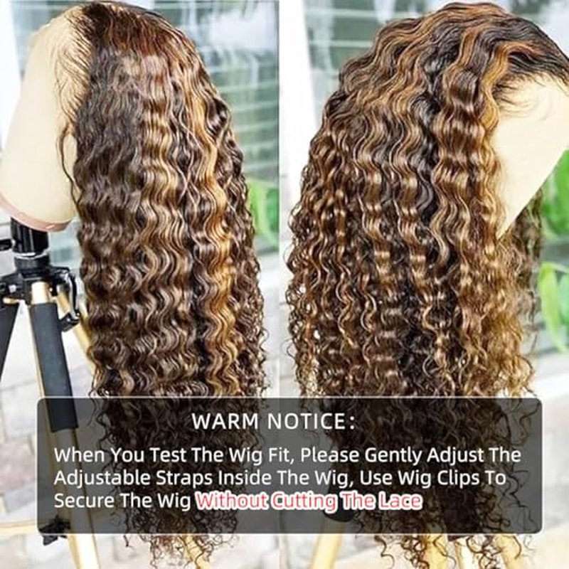 18 inch Highlight Deep Wave Wig Human Hair, Ombre Lace Front Wig Human Hair, Honey Blonde Highlight Wig Human Hair, Wet and Wavy Lace Front Wigs Human Hair Pre Plucked 180% Density