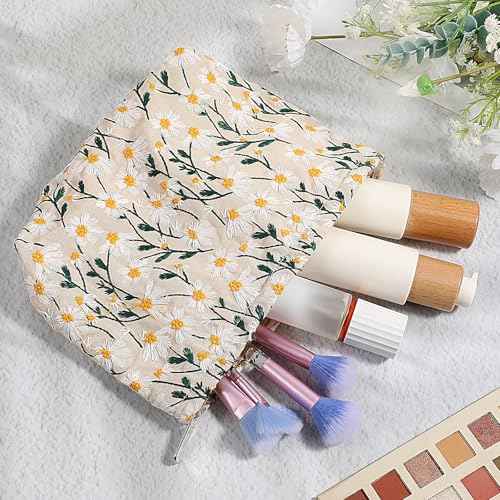 Cosmetic Bags Embroidery Daisy Flower Makeup Bag Large Travel Canvas Make Up Organizer Tool Pouch Cute Floral Cosmetic Bag Portable Purse Zipper Storage Toiletry Essential Pouch for Women Girls Gifts