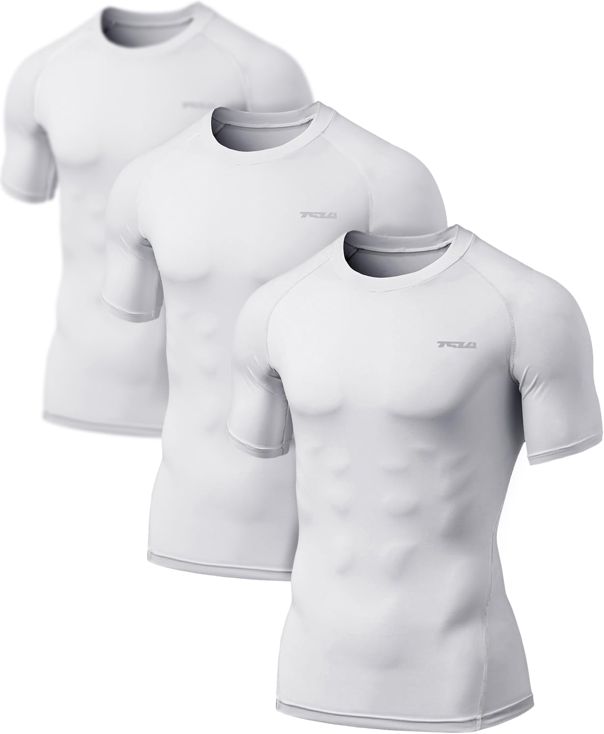 TSLA Men's UPF 50+ Quick Dry Short Sleeve Compression Shirts, Athletic Workout Shirt, Water Sports Rash Guard, Core Tops 3pack Real White, Large