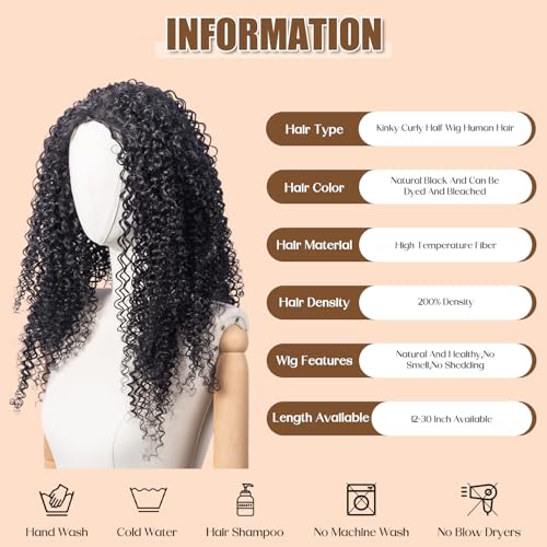 3 in 1 Half Wig Synthetic Hair, Seamless Flip Over Half Wigs Glueless Wear and Go Beginner Friendly Clip In Hair Drawstring Headband Wig for Women 1B, 16-26inch, Kinky Curly (26 inch)