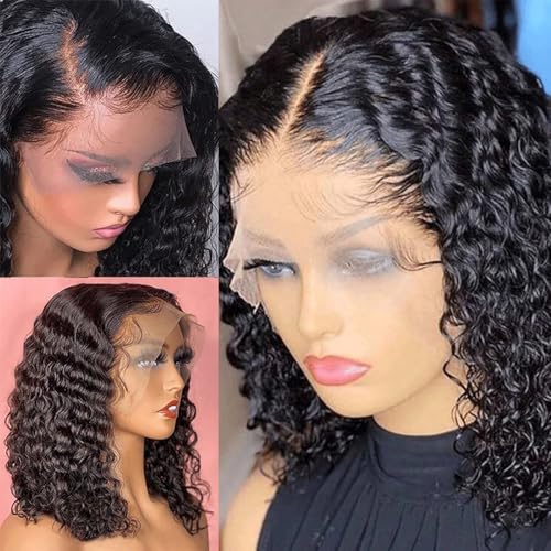 13x6 Deep Wave Bob Wig Human Hair 200 Density HD Lace Front Wigs Glueless Short Curly Lace Frontal Human Hair Wigs for Black Women Pre Plucked Natural Black 12 Inch