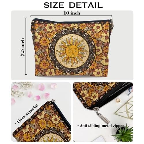 Ayxvt Sun and Moon Makeup Bag, Hippie Flower Pouch Floral Cosmetic Bag, Boho Gifts for Women Teen Girls