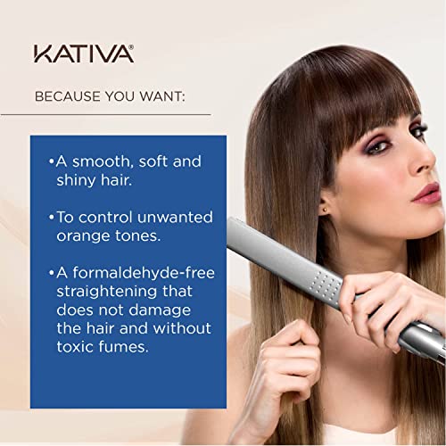 Kativa Brazilian Straightening Brunette Kit, 12 Weeks of Home Use Professional Straightening, with Organic Coconut Oil, A?ai Oil, and Keratin, for Straighter, Softer and Shinier Dark-Coloured Hair