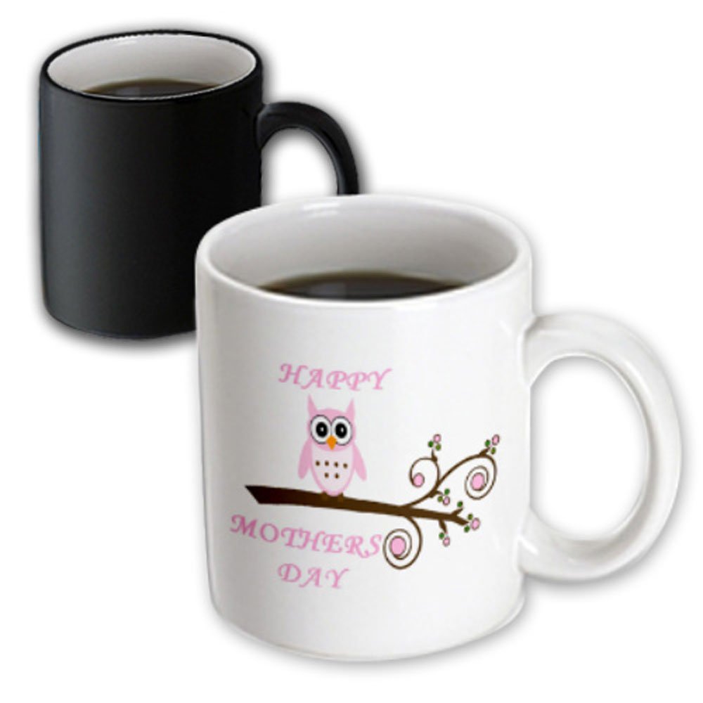 3dRose Happy Mothers Day with Pink Owl on a Branch, Magic Transforming Mug, 11-Ounce