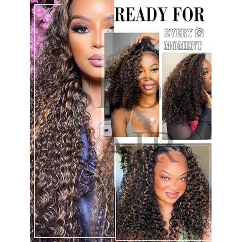 V SHOW Wear Go Glueless Half Wig Human Hair 1B/30 Highlight Water Wave Bod Wigs 3 In 1 Curly Half Wigs 180% Density Drawstring Seamless Fit Strap Flip Over Headband Wig 14 Inch Beginner Friendly