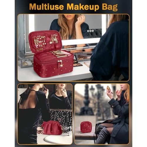 Wedama Makeup Bag, Double-layer Cosmetic Bag with Jewelry Storage and Brush Holders 3 Pcs Velvet Makeup Bag Set Travel Makeup Organizer Bags Portable Cosmetic Case Toiletry Bag for Women Girls, Red