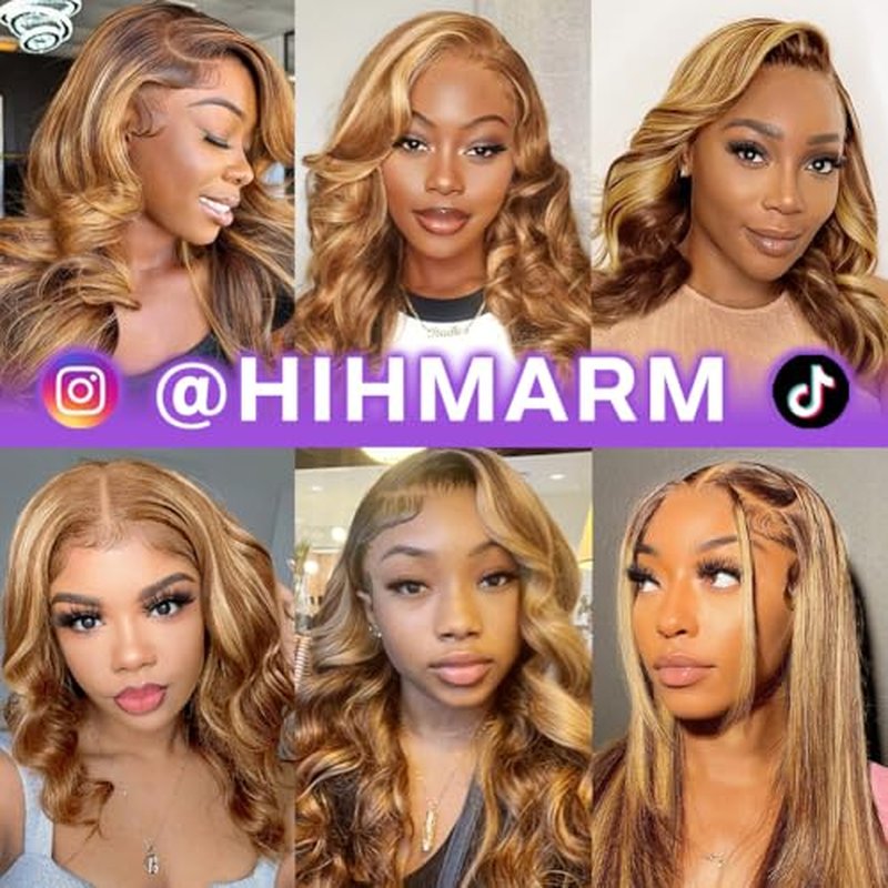 Hihmarm 13x4 HD Body Wave Highlight Ombre Lace Frontal Wigs Human Hair Pre Plucked 18 Inch Honey Blonde Lace Front Wig Human Hair 180% Density 4/27 Glueless Wigs Human Hair For Black Women
