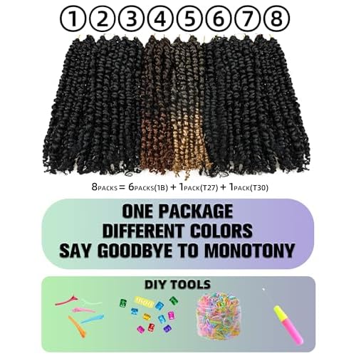 14 Inch 8 Packs Passion Twist Crochet Hair Pre looped-Mixed Color Combo Pack(6 packs 1B+ 1 pack T1B/27+1 pack T1B/30)Pre-twisted Pre Looped Soft & Bouncy Synthetic Braided Hair Extensions (1B+T27+T30)