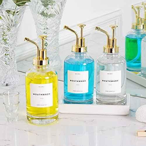 Molimoli Hand Bathroom Soap Dispenser Set, Glass Mouthwash Dispenser for Bathroom, Dish Soap Dispenser for Kitchen Sink, Soap Dispenser Pump, 500ml/16.9 Oz, Set of 2, Gold