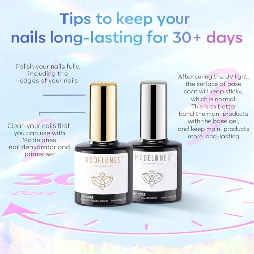 modelones Gel Top Coat, 15 ml 2025 Upgrade Super Shiny Base and Top Coat Set, Soak Off Nail Lamp Acid Free No Wipe Clear Base Top Gel Nail Polish