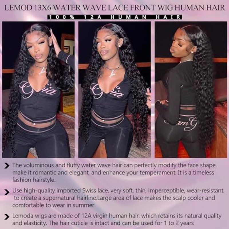 Lemoda 13x6 Water Wave Lace Front Wigs Human Hair 24 inch HD Lace Brazilian 15A Deep Wave Frontal Wigs 180% Density 13x6 Curly Human Hair Wig with Baby Hair Glueless Water Wave Wig For Black Women