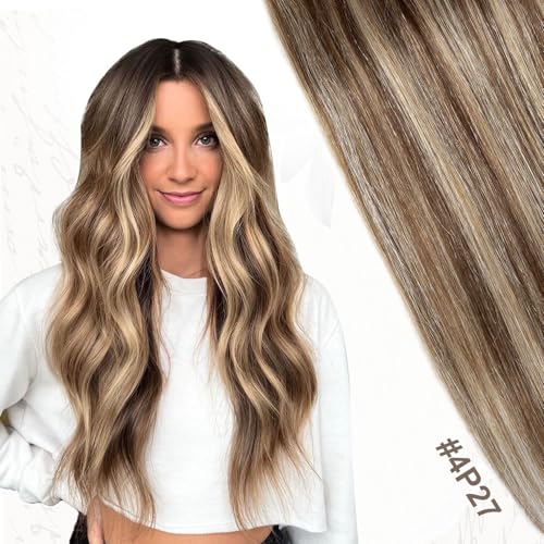XDhair Clip In Hair Extensions Remy Human Hair 100g 6Pcs Medium Brown #4 Mixed to Caramel Blonde #27 Clip In Real Hair Extensions Silk Stright (#4P27,14Inch)
