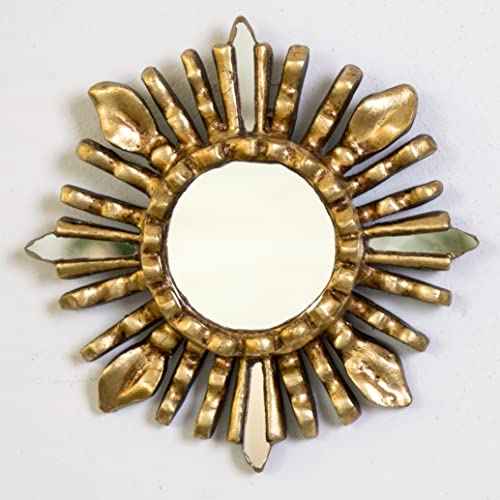 Artisan Small Round Wall Mirror 6in - Peruvian Accent Wood Gold Leaf Sunburst Mirror for Wall Decor (Gold)