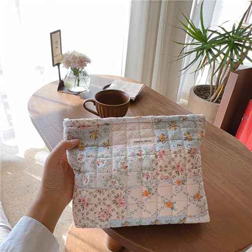 2 Pieces Floral Makeup Bag, Cute Travel Quilted Pouch Cosmetic Bag Organizer, Small Cotton Coquette Aesthetic Purse Toiletry Bag for Women Girls accessories (Blue Flower-2PCS)