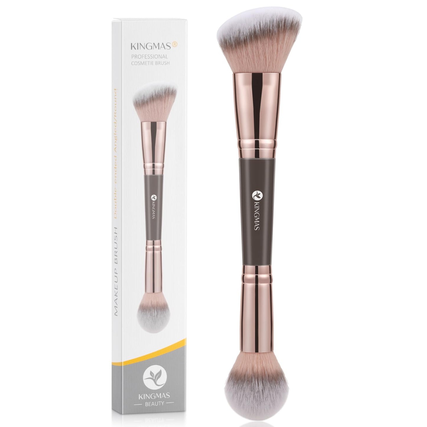 KINGMAS Foundation Makeup Brush, Double-ended Angled/Round Top Contour Brush for Beauty Blending Liquid Powder, Concealer Cream Cosmetics Blush Makeup Brush (Brown)