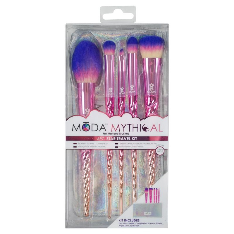 MODA Mythical Star Travel 6pc Makeup Brush Set – Vegan Face & Eye Makeup Brushes with Holographic Travel Case, Soft Synthetic Brushes for Foundation, Blush, Eyeshadow & Blending