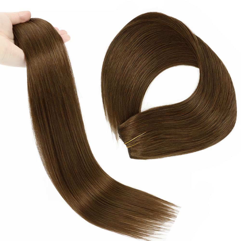 Real Human Hair Extensions - 12 Inch Chocolate Brown Straight Hair with Hidden Wire and Transparent Fish Line