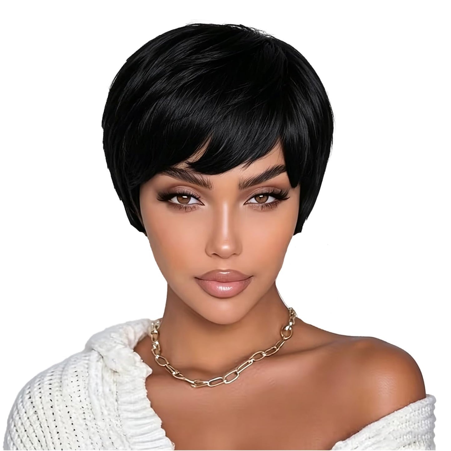 showreal Pixie Cut Wig Human Hair for Black Women Short Pixie Cut Wigs Natural Looking 100% Real Human Hair Wigs Natural Black Glueless Pixie Wigs with Bangs (9149-1B)
