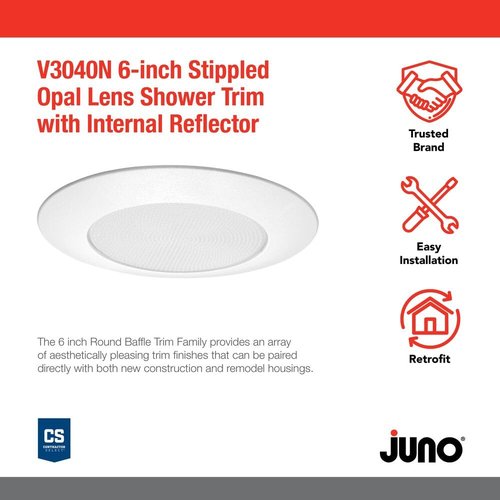 Juno Lighting V3040N PW VuLITE Stippled Opal Lens Shower with Reflector, Plastic White, 6-Inch