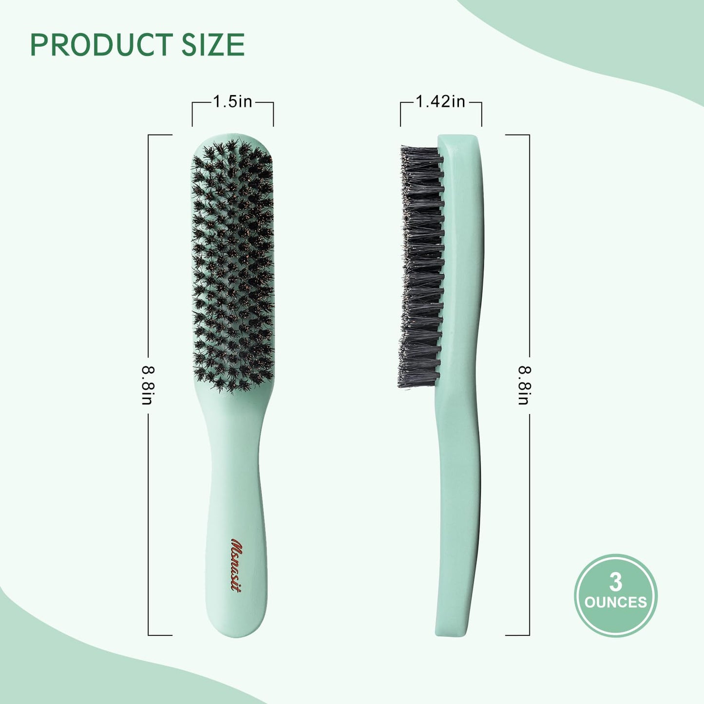 Slick Back Hair Brush, Professional Edge Control Brush, Middle Softness Boar Bristle Wooden Handle Hairbrush Smoothing Frizz & Flyaways, Natural Wood Comb for Thin and Fine Hair (Green)