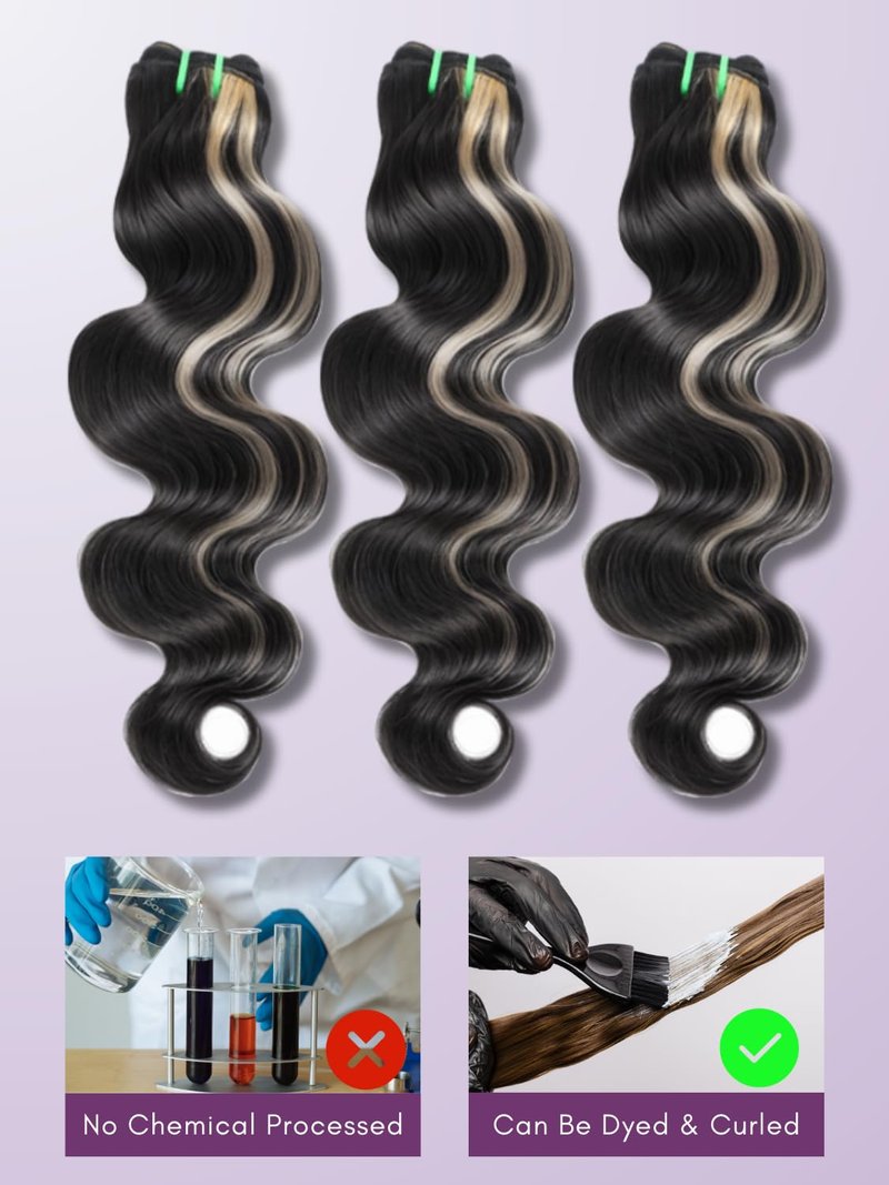 AUROO Platinum Blonde Highlight Black Mix Color Body Wave Human Hair, 100% Brazilian Thick Track Bundles #F1B/613 Ombre Skunk Stripe Balayage Colored Single Bundles Quick Weave Remy 14 In