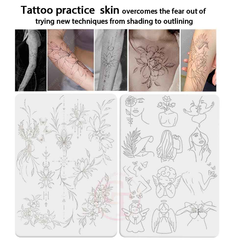 Professional Double-Sided Tattoo Practice Skin, Pink/White Silicone Pad with Pre-Printed Light Gray Outlines for Beginners & Artists, Reusable, Realistic Texture for Tattoo Training & Needle Technique