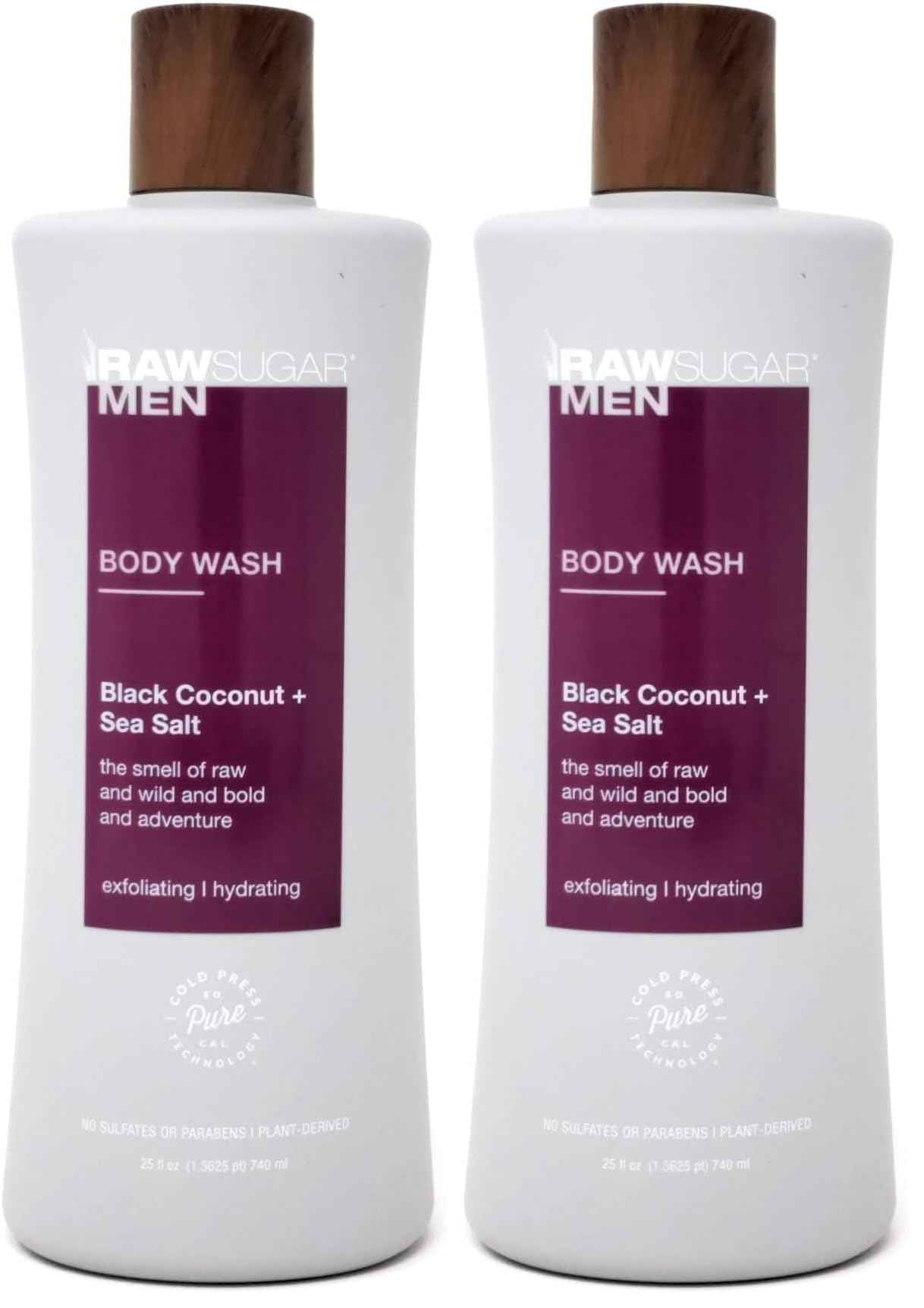 RAW SUGAR Men's Body Wash 25 fl oz (Pack of 2) (Black Coconut + Sea Salt)