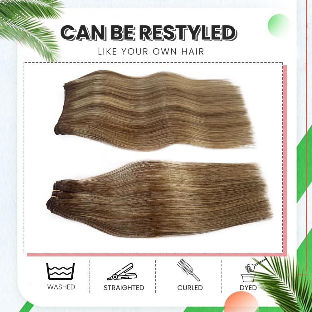 Balayage Highlights Hair Extensions Real Human Hair Sew in Double Weft Weave Bundles Hair Extension Ombre Chestnut Brown to Ash Blonde 14 Inch 80G