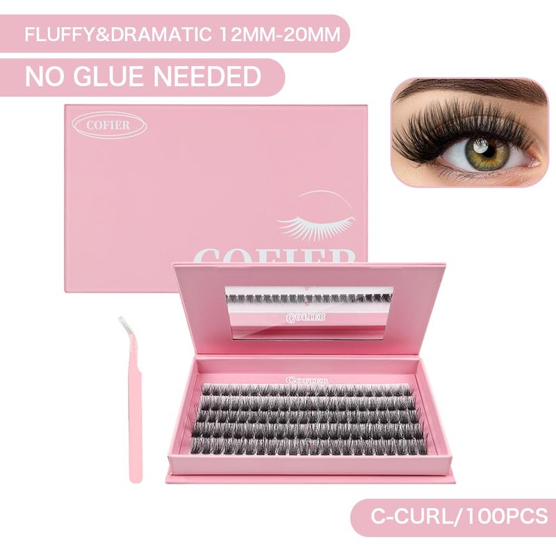 Glue-Free Wispy Lash Clusters Kit, 100 Pcs Individual Eyelash Clusters (12-20mm D Curl)- DIY Lash Extension Kit with Eyelashes Tweezers, Natural Fluffy Fake Lashes for Home Use, Beginners Friendly