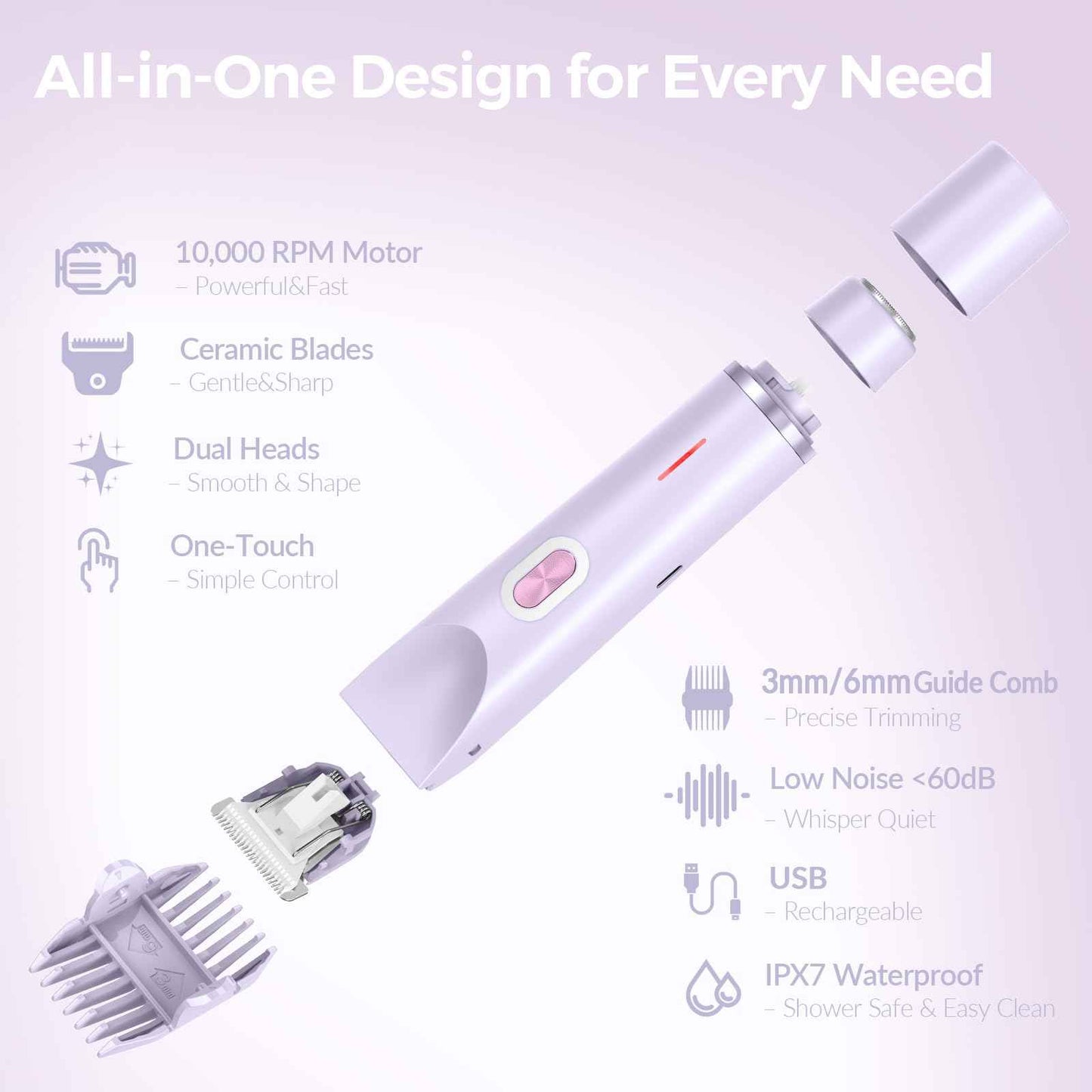 Bikini Trimmer for Women – 2-in-1 Electric Razor with Dual Heads, Ceramic Blades, Wet & Dry Use, USB Rechargeable, Skin-Friendly Shaver for Bikini Line, Underarms & Sensitive Areas – Lavender Purple