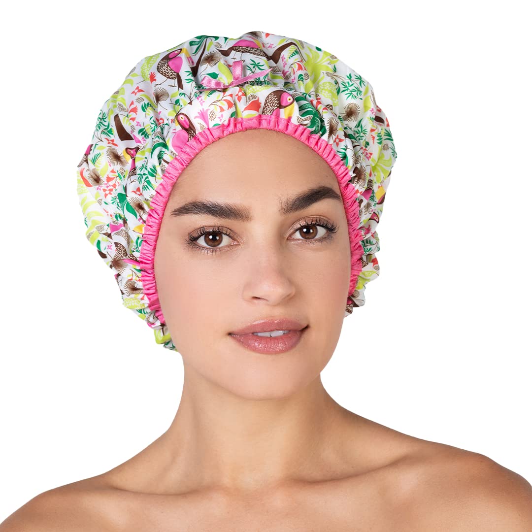 Reusable Shower Cap & Bath Cap & Lined, Oversized Waterproof Shower Caps Large Designed for all Hair Lengths with PEVA Lining & Elastic Band Stretch Hem Hair Hat - Fashionista Deco Dots
