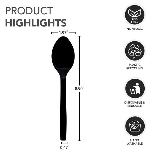 Party Essentials Hard Plastic 9" Serving Spoons, Black, 12 Count
