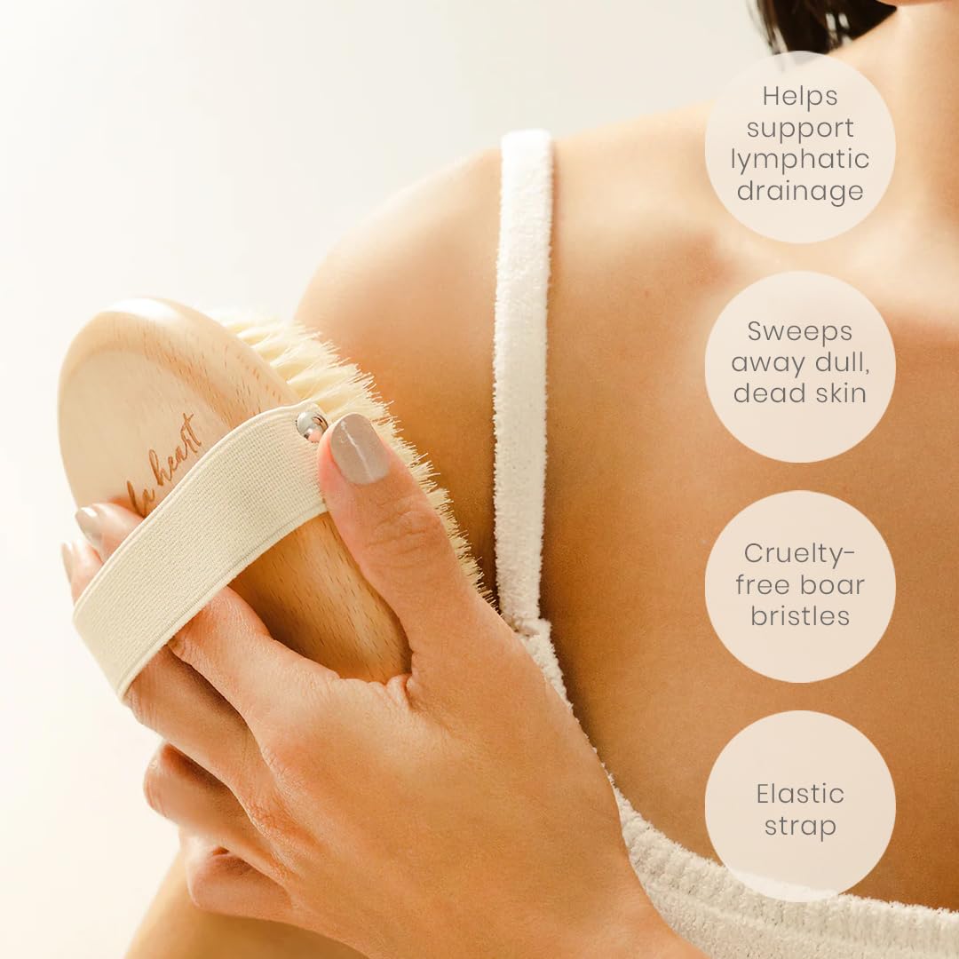 de La Heart Body Brush with No-Slip Strap | Dry Brushing Tool for Skin Exfoliation & Radiance | Natural Bristles for Smooth, Glowing Skin | Lymphatic Drainage & Circulation Massage Brush