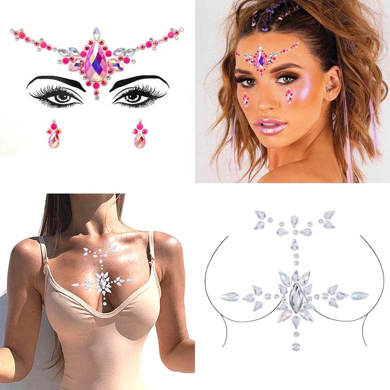 Blindery Rhinestone Mermaid Face Gems Rave Body Jewelry Tattoo Pink Body Stickers Festival Chest Gems for Women and Girls 2PC