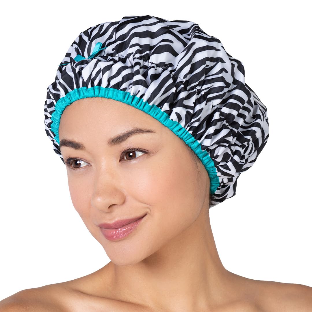 Reusable Shower Cap & Bath Cap & Lined, Oversized Waterproof Shower Caps Large Designed for all Hair Lengths with PEVA Lining & Elastic Band Stretch Hem Hair Hat - Fashionista Deco Dots