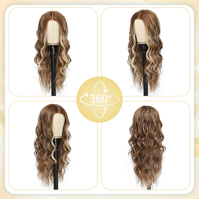 ShowCoco Long Brown to Ombre Blonde Wigs for Women 26 Inch Highlights Blonde Wig Natural Middle Part Synthetic Wavy Hair Heat Resistant Fiber Hair Replacement Wigs for Daily Party 3 Seconds to Wear