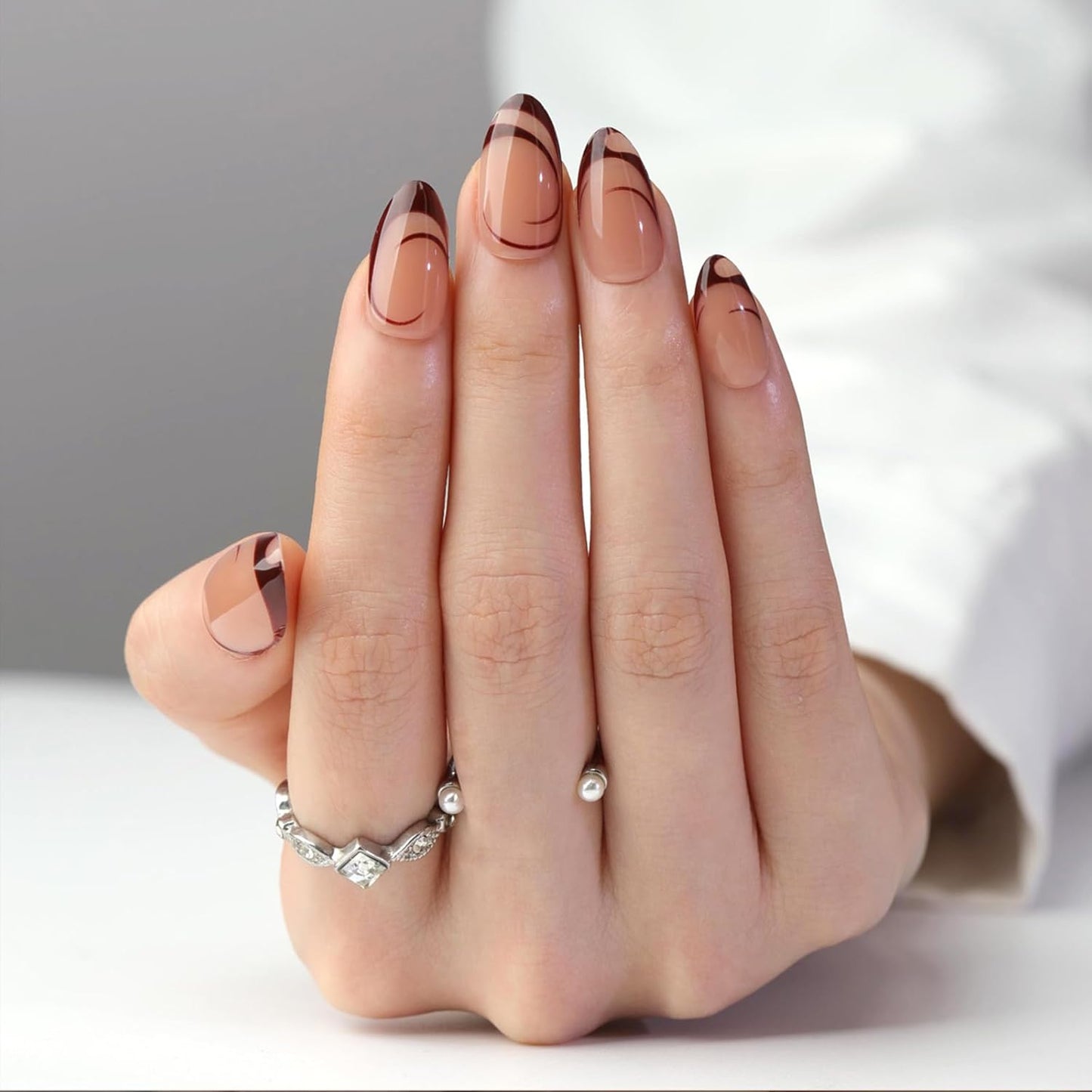 French Tip Almond Press-On Nails with Gold Bow | Reusable Glossy Acrylic False Nails for Women