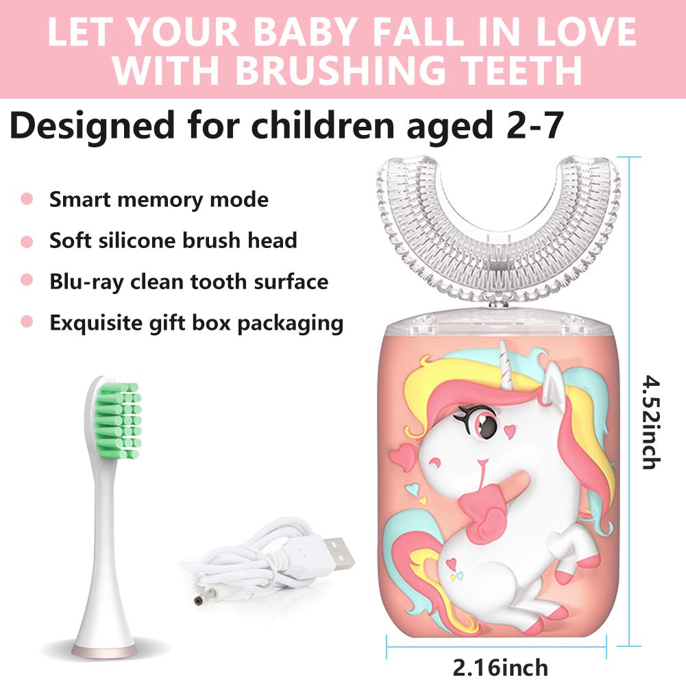 KRX Kids Toothbrush Electric, U Shaped Ultrasonic Automatic Toothbrush with 2 Brush Heads, Six Cleaning Modes, Cartoon Modeling Design for Kids, Special for Birthday Gift (Pink, Kids 2-7)