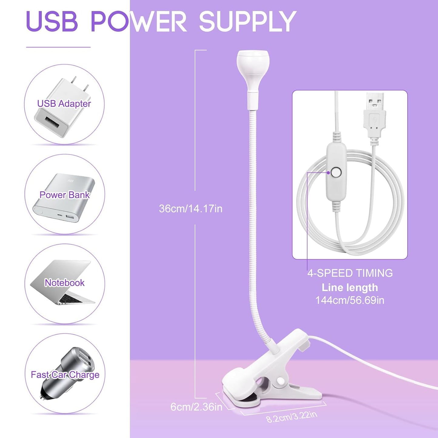 UV Nail Lamp - UV Light for Gel Nails, LED Gooseneck Flash Cure Lamp for Nails, Manicure Dryer Black Light with Clamp, 365+395nm Wavelength 5V 3W 4 Levels Dimming
