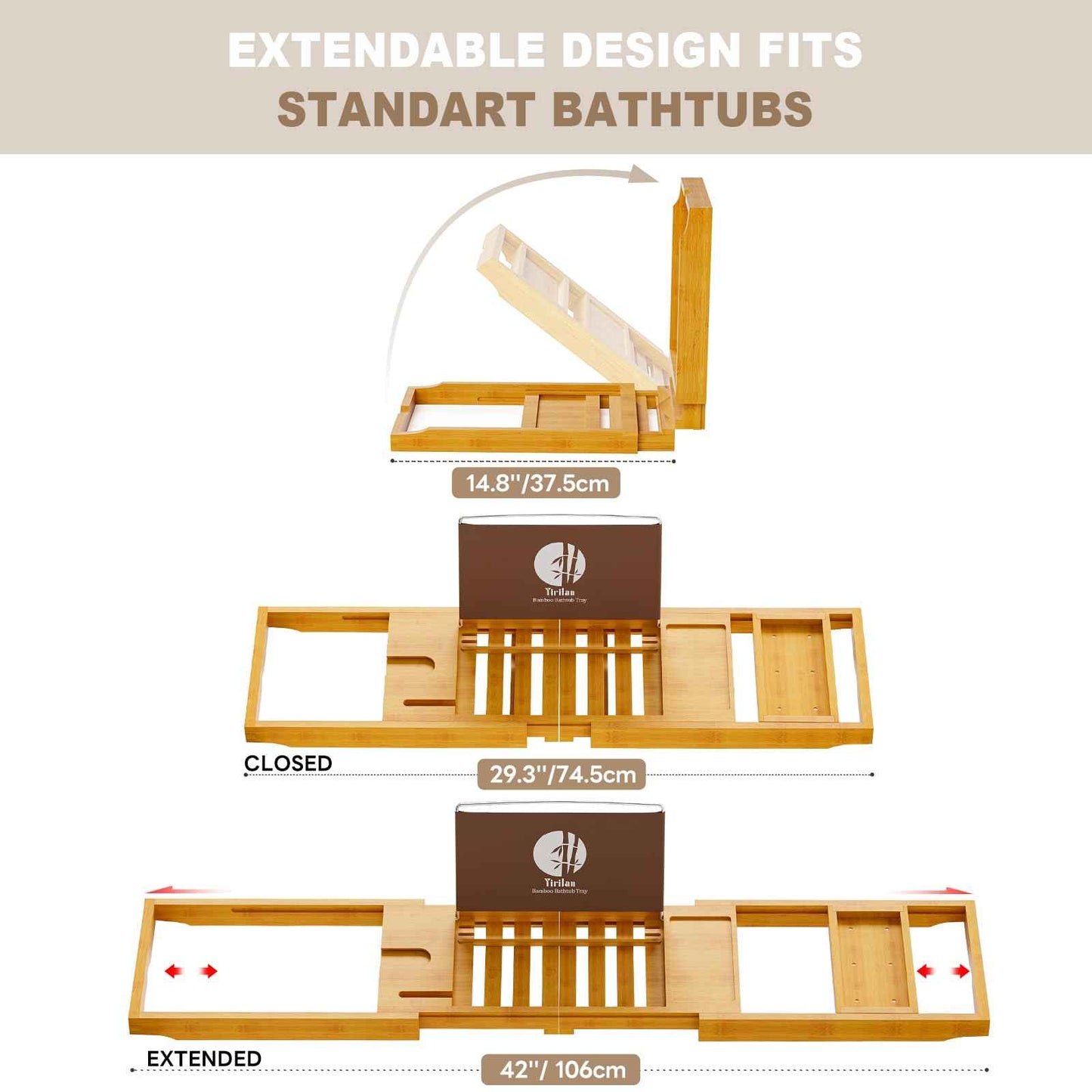 Yirilan Bathtub Tray Caddy, Expandable Wooden Bathroom, Luxury Bamboo Bathtub Tray, Bath Tub Table Caddy, Bamboo
