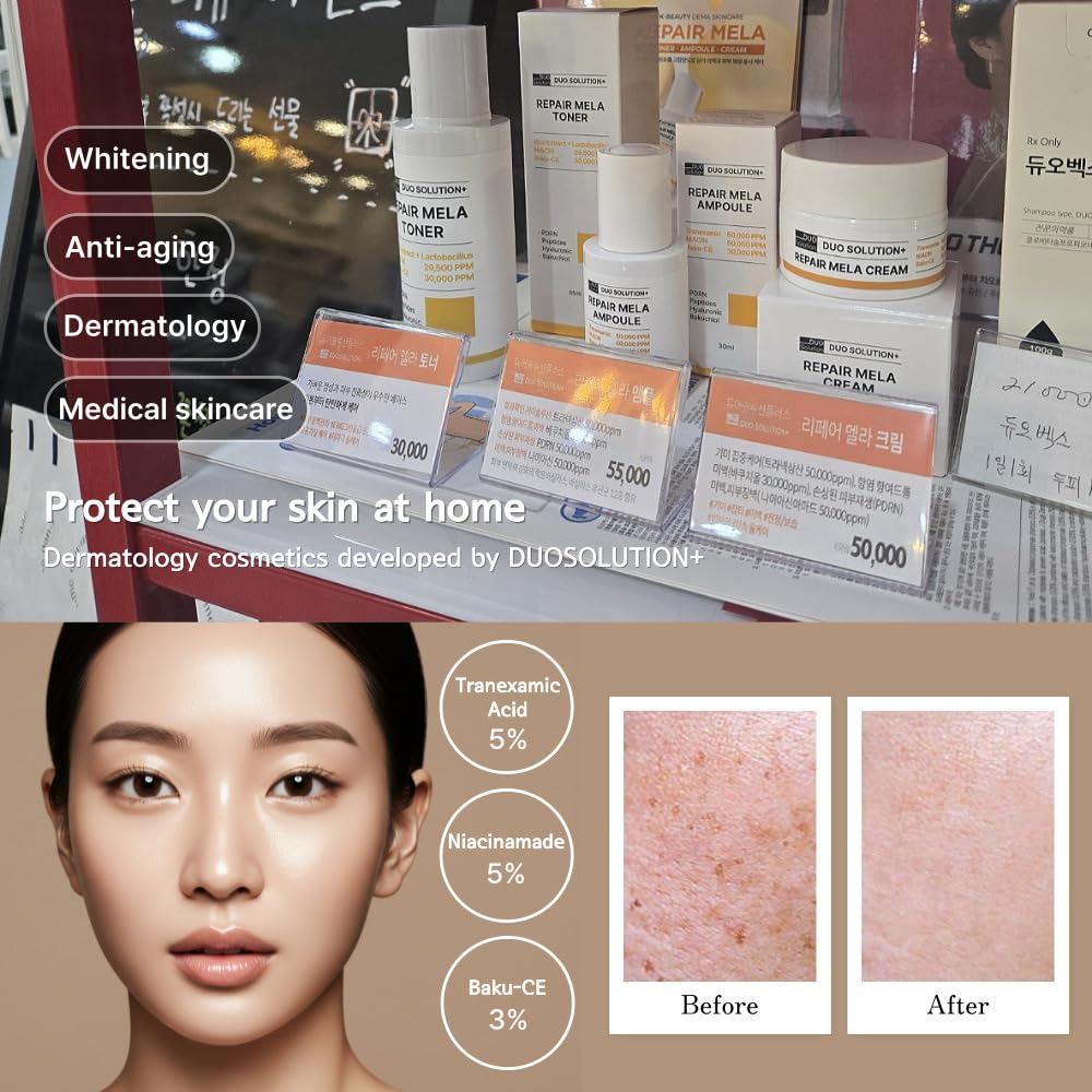 Tranexamic Acid 5% + Niacinamade 5% + Baku-CE 3% Ampoule, Duo Solution Repair Mela Ampoule - Tranexamic acid 50,000ppm, Niacinamade 50,000ppm, Bakuchiol 30,000ppm, PDRN, Peptides, Hyaluronic