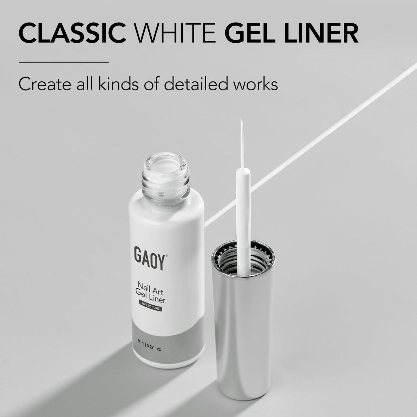 GAOY White Swirl Gel Nail Polish Art Liner, 8ml Classic Color Nail Paint Design with Thin Brush, UV Light Cure for DIY French Manicure at Home