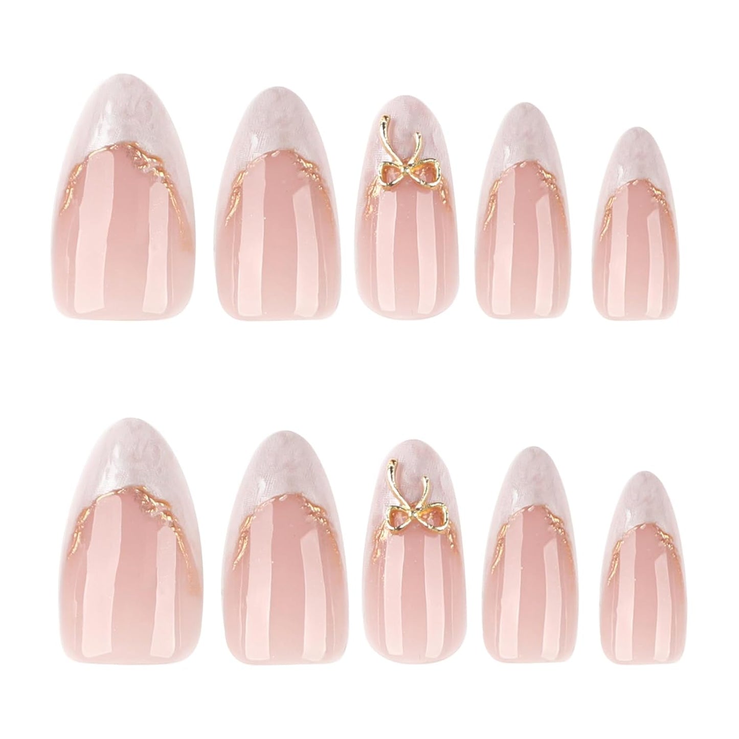 French Tip Almond Press-On Nails with Gold Bow | Reusable Glossy Acrylic False Nails for Women