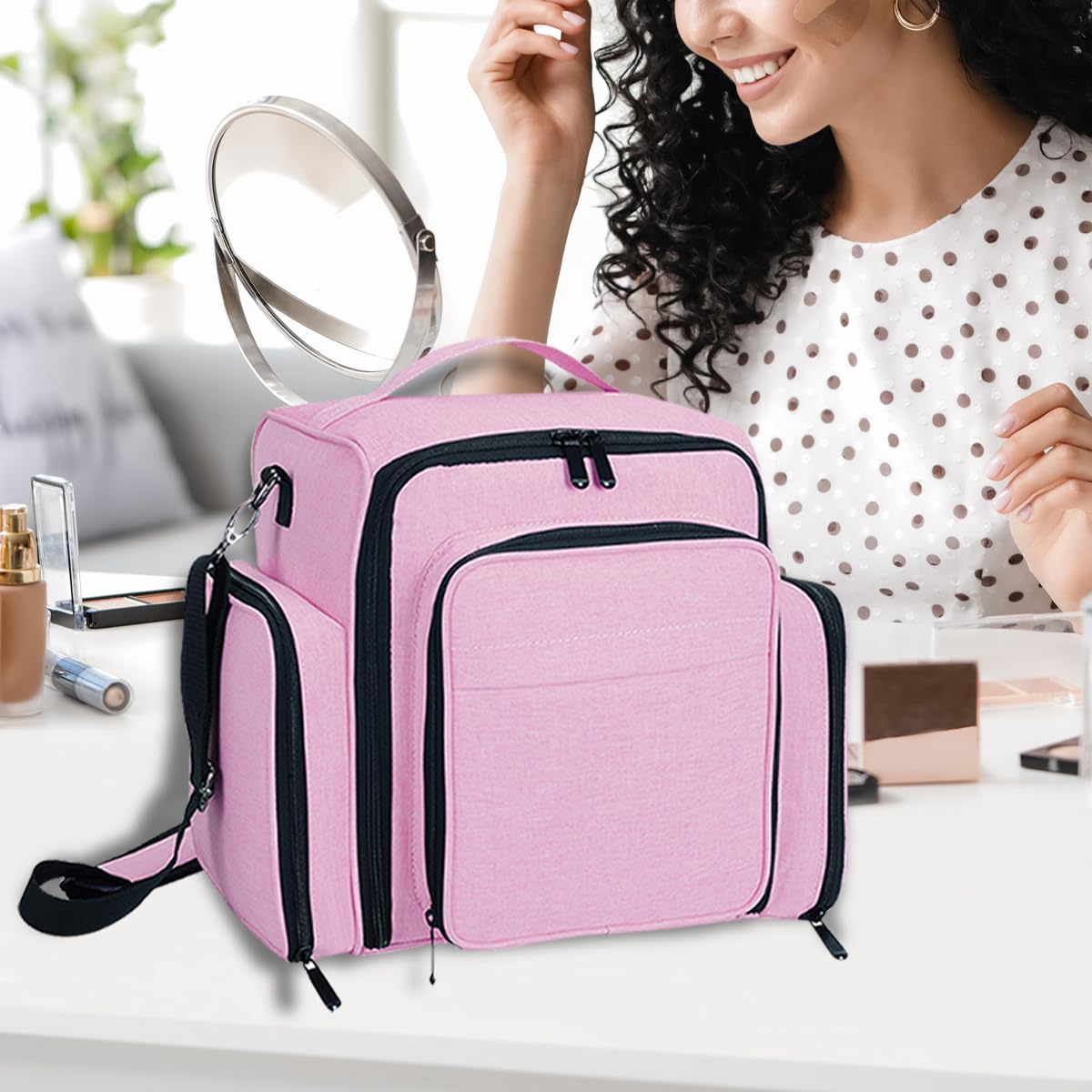 Large Makeup Bag Organizer - Multifunctional Cosmetic Case with 3 Removable Pouches | Pink Travel Storage
