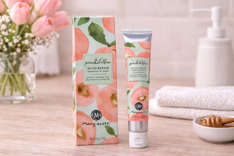Mangiacotti Hand Repair Cream – Shea Butter & Chamomile, Fast-Absorbing Moisturizer for Dry Hands, Made in USA, 1.8oz, Peach Bellini