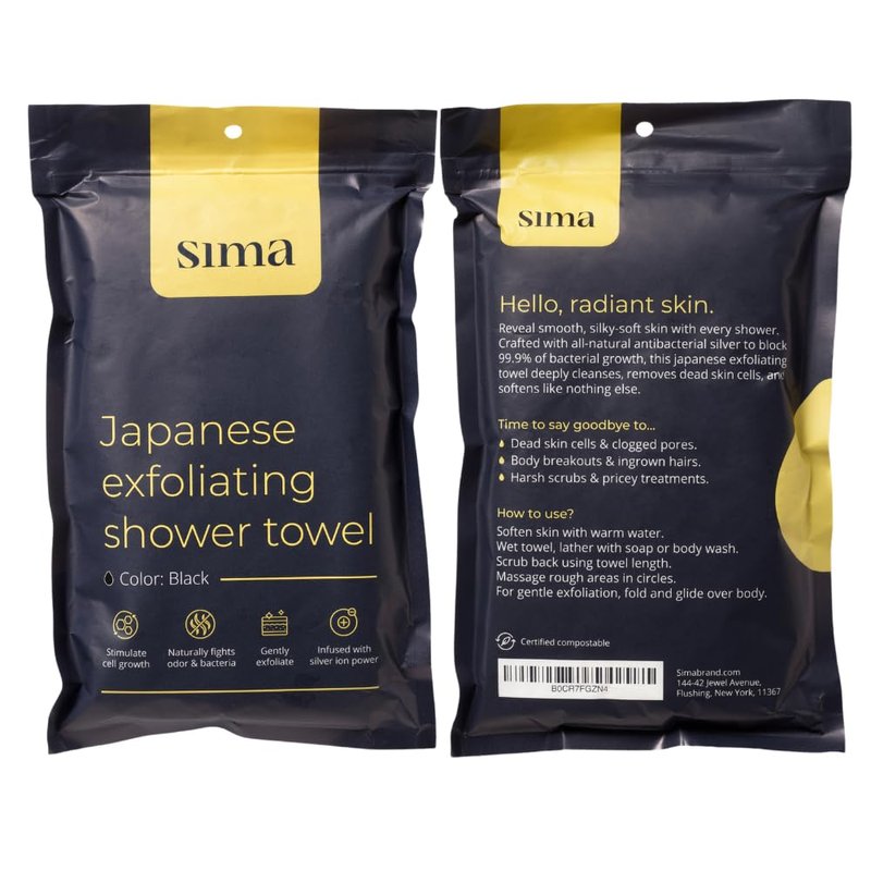 Sima Brand Exfoliating Washcloth Face & Body Scrub Towel - Japanese Exfoliating Towel with Hexagon Fibers, Body Scrubber with 2 Sides for Scrubbing & Washing, Extra Long Body Towels (Black)