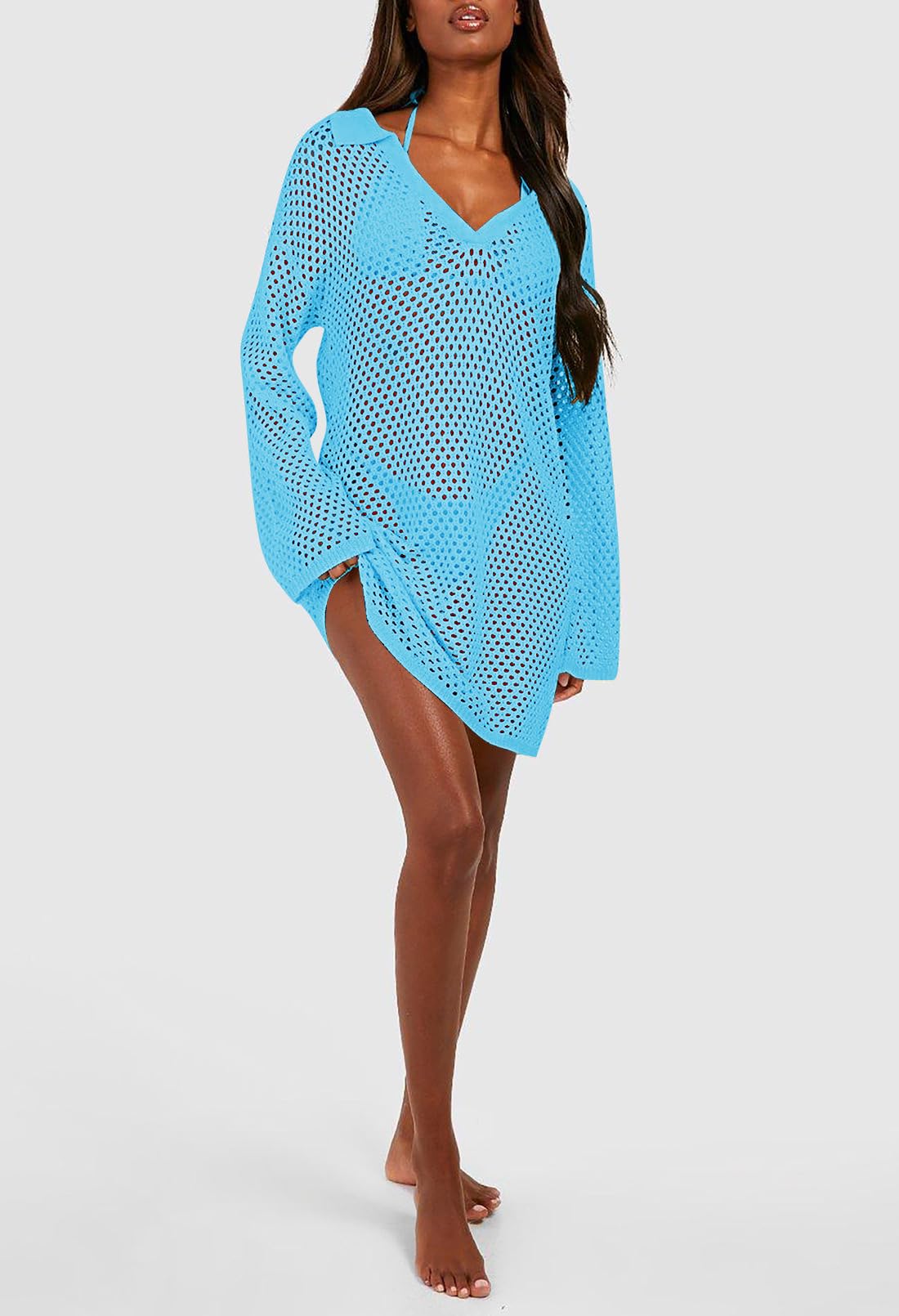 Pink Queen Crochet Cover Ups Hollow Out Swimsuit Bathing Suit Bikini Coverup Knit Mesh Tunic Beach Dress Relaxed Fit Knit Summer Outfits Aqua Blue S
