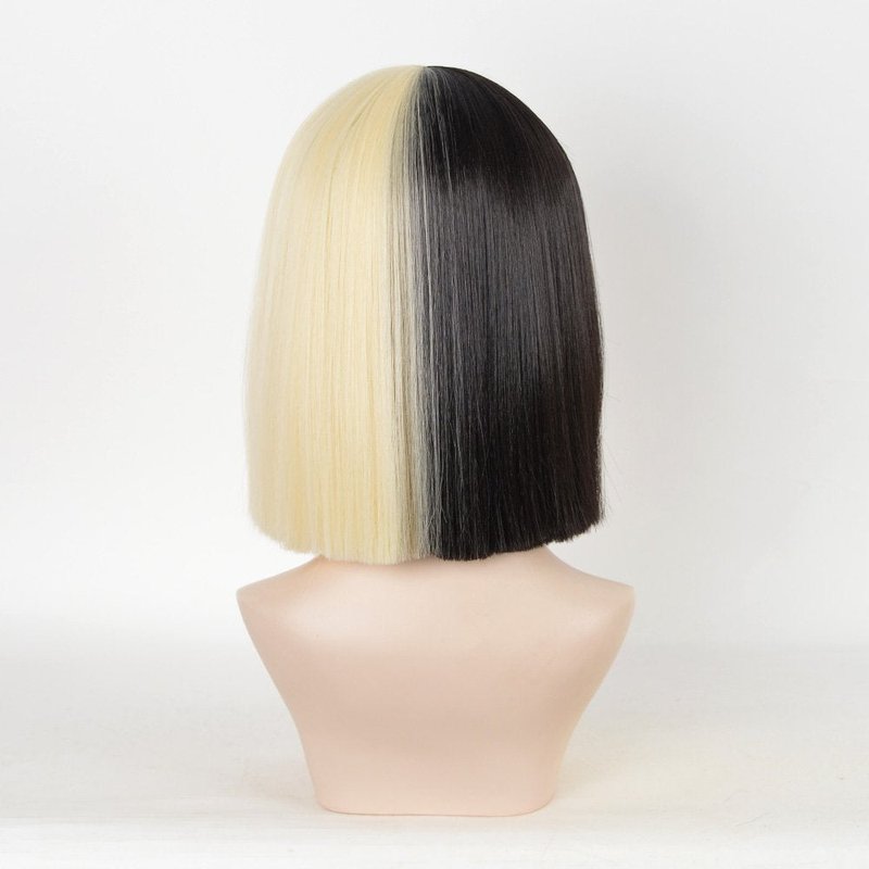 SiYi Half Blonde Black 2 Tone Short Straight Bob Wig Synthetic Full Wigs Should Length Cosplay Wigs with Bangs for Women Girls