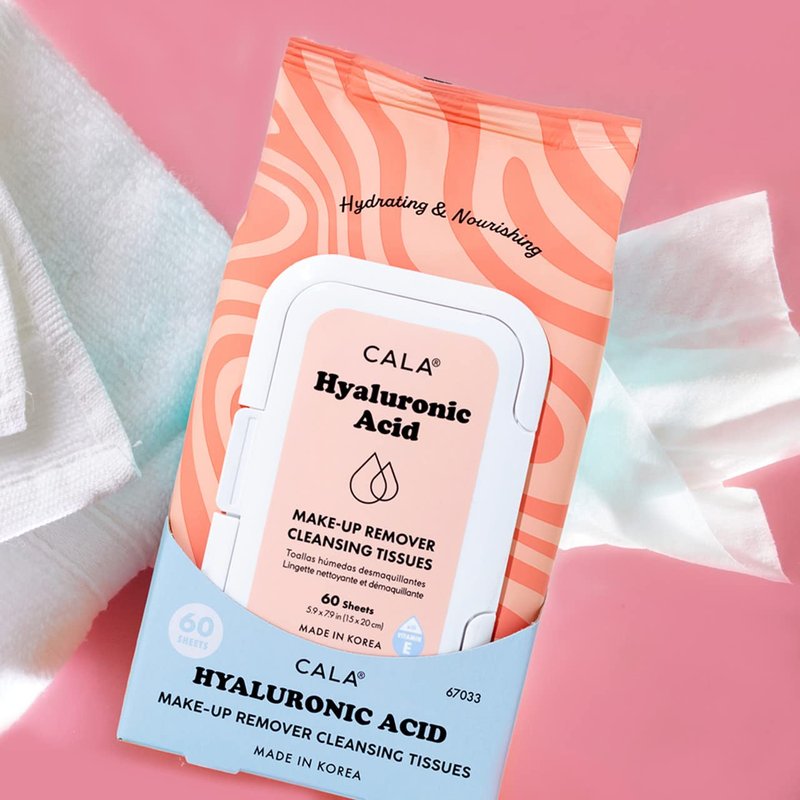 CALA Hyaluronic Acid Makeup Remover Cleansing Tissues, Gentle Face Wipes Remove Makeup + Waterproof Eye Makeup, Deep Clean & Moisturize, Sulfate/Paraben/Phthalate-Free, 60 Sheets